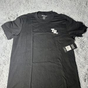 True Religion Men's Short Sleeve TRU Flock Logo T-Shirt, Jet Black, Size Large